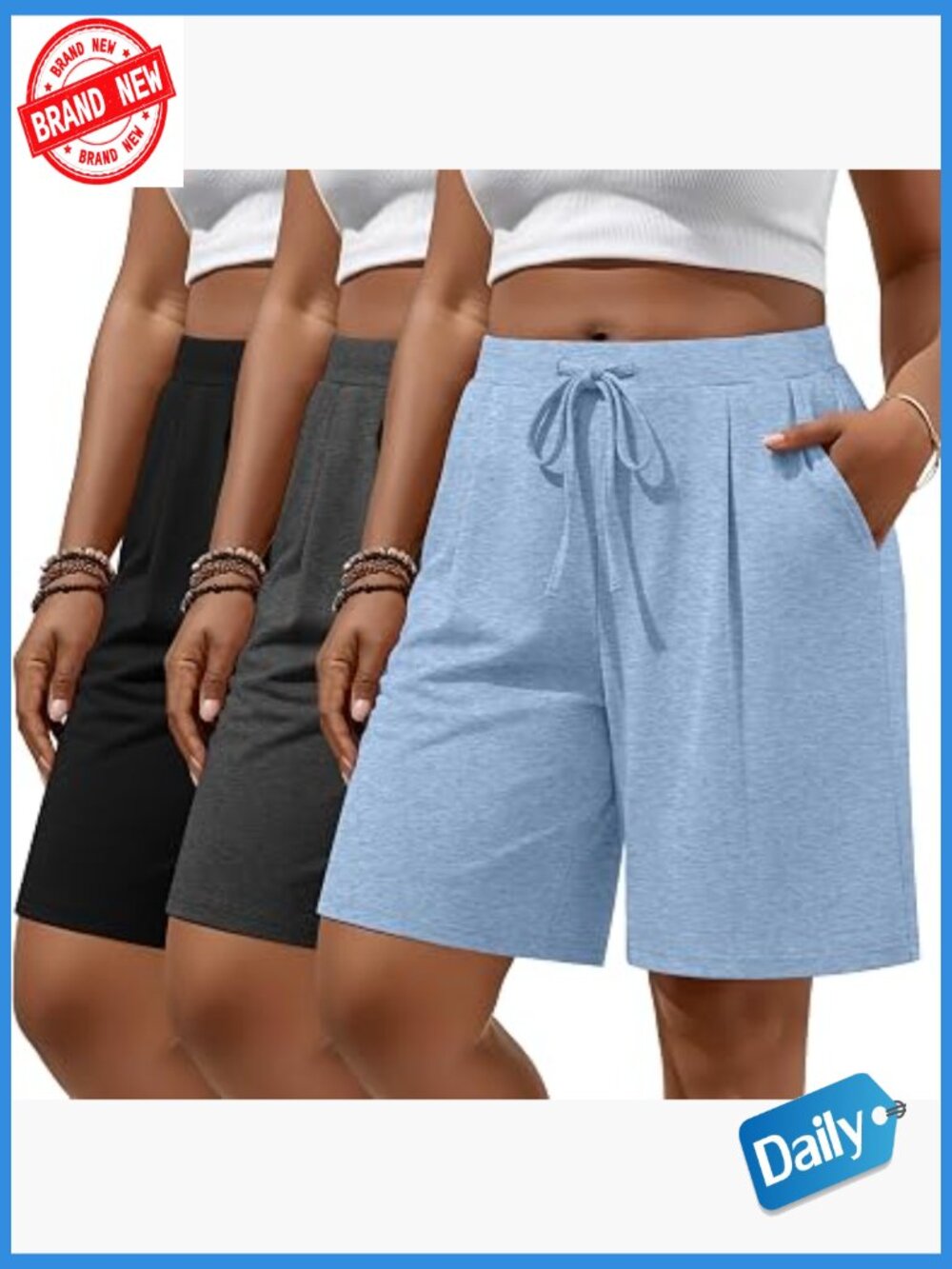 Plus Size Bermuda Shorts 3 Pack Knit Drawstring Walking Shorts with Pockets